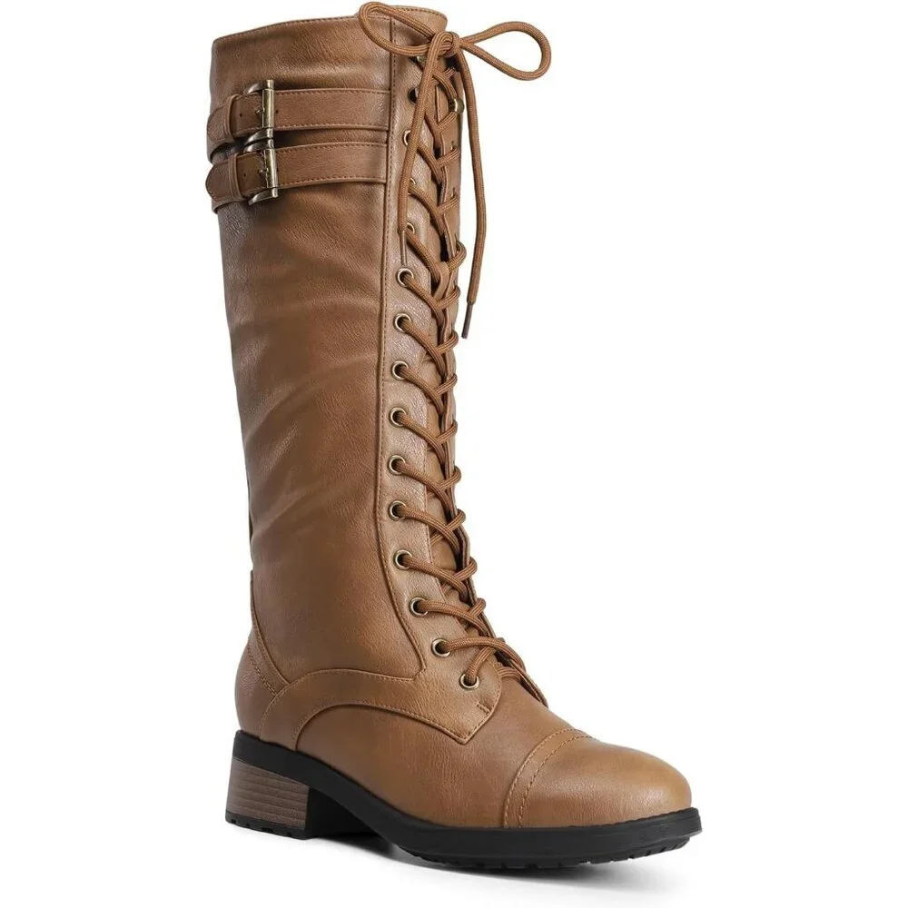 Women's Camel DREAM PAIRS PU Knee-High Riding Combat Boots for Fall and Winter